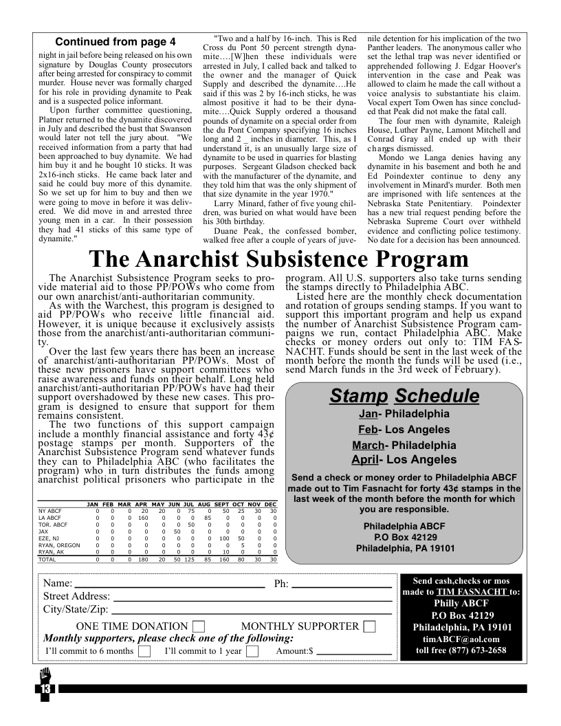 Continued from page 4  nightin jai before being released on his own signature by Douglas County prosecutors after being arested for conspiracy 1o commit murder. House never was formally charged for his role in providing dynamite to Peak and i a suspected police informant.  Upon further committee questioning, Platner returned to the dynaite discovered in July and described the bust that Swanson would later not tell the jury about. "We received information from a party that had been approached to buy dynamite. We had bim buy it and he bought 10 sticks. It was 2xl6-inch sticks. He came back later and Said he could buy more of this dynamite. So we set up for him to buy and then we were going to move in before it was deliv- ered. We did move in and arested three young men in a car. In their possession they had 41 sticks of this same type of dynamite.”  "Two and a half by 16-inch. This i Red Cross du Pont S0 percent strength dyna- mite...(Wlhen these individuals were arstcd in July, | called back and talked to the owner and the manager of Quick Supply and described the dynamite....He said iF this was 2 by 16-inch sticks, ha was almost positive it had o be their dyna. mite. Quick Supply ordered  thousand pounds of dynamite on a specia order from the du Pont Company specifying 16 inches long and 2 _inches in diameter. Thi, as understand i, i an unusually large size of dynamite to be used in quarrics for blasting purposes. Sergeant Gladson checked back with the manufacturer of the dynanit, and they told him that was the oy shipment of that size dynamite n the year 1970."  Larry Minard, fathe of five young chil- dren, was buried on what would have been his 30th birthday  Duane Peak, the confessed bomber, walked free aftef @ couple of years of juve.  nile detention for his implication of the two Panther leaders. The anonymous caller who set the lethal trap was never identified or apprehended following J. Edgar Hoover’s intervention in the case and Peak was allowed to claim he made the call without a voice analysis to substantiate his claim. Vocal expert Tom Owen has since conclud- ed that Peak did not make the fatal cal.  The four men with dynamite, Raleigh House, Luther Payne, Lamont Mitchell and Conrad Gray all ended up with their changs dismissed.  Mondo we Langa denies having any dynamite in his basement and both he and Ed Poindexter continue to deny any involvement in Minard’s murder. Boih men are imprisoned with life sentences at the Nebraska State Penitentiary. Poindexter has a new trial request pending before the Nebraska Supreme Court over withheld evidence and conflicting police testimony. No date for a decision has been announced.  The Anarchist Subsistence Program  The Anarchist Subsistence Program secks to pro- vide material aid to those PP/POWs who come from our own anarchist/anti-authoritarian community.  ’As with the Warchest, this program is designed to aid PP/POWs who receive little financial aid However, it is unique because it exclusively assisis those from the anarchist/anti-authoritarian communi- ty.  Over the last few years there has been an increase of anarchist/anti-authoritarian PP/POWs. Most of these new prisoners have support committees who  raise awareness and funds on their behalf. Long held anarchist/anti-authoritarian PP/POWs have had their support overshadowed by these new cases. This pro-  gram s designed to ensure that support for them Temains consistent  The two functions of this support campaign include a monthly financial assistance and forty 43¢ postage stamps per month. Supporters of the ‘Anarchist Subsistence Program send whatever funds. they can to Philadelphia ABC (who facilitates the program) who in turn distributes the funds among anarchist political prisoners who participate in the  program. All U.S. supporters also take turns sending the stamps directly to Philadelphia ABC.  isted here are the monthly check documentation and rotation of groups sending stamps. If you want to support this important program and help us expand the number of Anarchist Subsistence Program cam- paigns we run, contact Philadelphia ABC. Make checks _or mnney‘ orders out only to: TIM FAS- NACHT. Funds should be sent in the last week of the. month before the month the funds will be used (i.c. send March funds in the 3rd week of February).  ( Stamp Schedule  Jan- Philadelphia Feb- Los Angeles March- Philadelphia April- Los Angeles  Send a check or money order to Philadelphia ABCF made out to Tim Fasnacht for forty 43¢ stamps in the last week of the month before the month for which  RS R Philadelphia ABCF e n o 0 0 o o 0 o 0 10 s 0o o P.O Box 42129 Dhaen £ 8 85 5 it iR 88 Philadelphia, PA 19101  | City/State/Zip.  Philly ABCF  | ONE TIME DONATION []  Pl commit to 6 months || Tll committo 1 year ||  MONTHLY SUPPORTER [ ] Monthly supporters, please check one of the following: Amount:s  Box 42129 PA 19101  Philadelphia imABCF@aol.com toll free (877)  